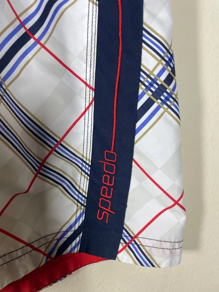 Speedo Men's White Blue Red Plaid Swim Trunks Size: 34 Beach Pool resort - Image 2 of 4