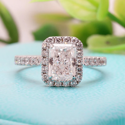 2,25 kt Radiant Cut Moissanit Halo Hochzeit Verlobungsring 14 K Weißgold über