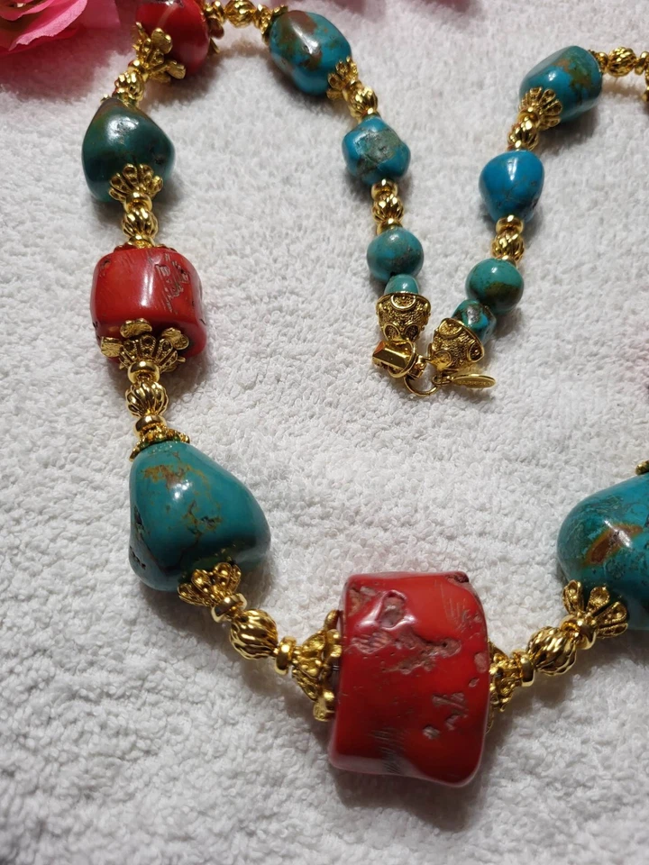 Colar Jose & Maria Barrera Coral Turquesa Goldtone Declaração 26 polegadas-PESADO 230g - Imagem 3 de 4