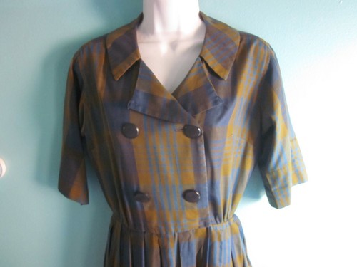 Womens 1950 Vintage Dress Size M Green Blue Plaid Serbin of Florida Muriel Ryan - Picture 3 of 11