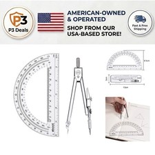 Clear Case Geometry Math Set: Durable Compass  6-Inch Protractor for Students