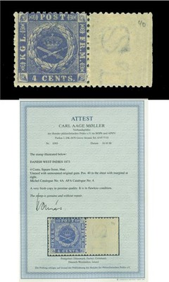 DANISH WEST INDIES (DWI) 1873 Coat of Arms 4c blue - pos.40 - Scott # 4 mint MNH