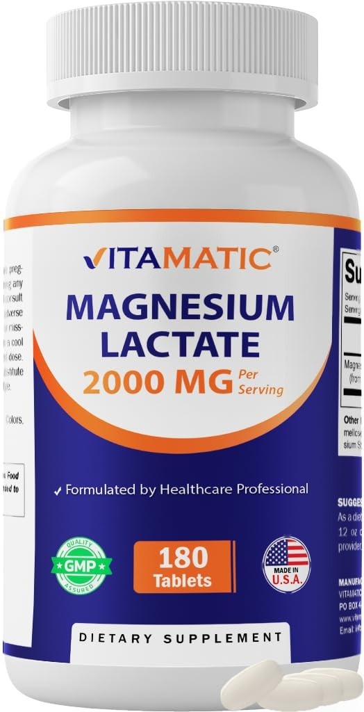 Magnesium Lactate 2000mg per Serving – 180 Tablets – Supports Muscle