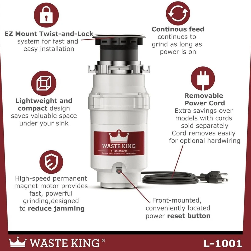 Waste King 1/2 HP High-Speed Motor Continuous Garbage Feed Disposal W/Power Cord - Image 2 of 4