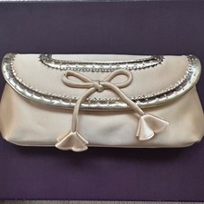 Cream Satin Evening Bag Clutch Removable Shoulder Chain with Bow