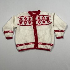 Vintage Cardigan Sweater Kids Hand Knit Toddler 3-4 White Red See Measurements