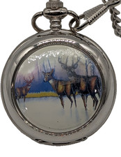Vintage Deer Scene Pocket Watch   Hunter Wildlife Buck  Doe Design Silver Case