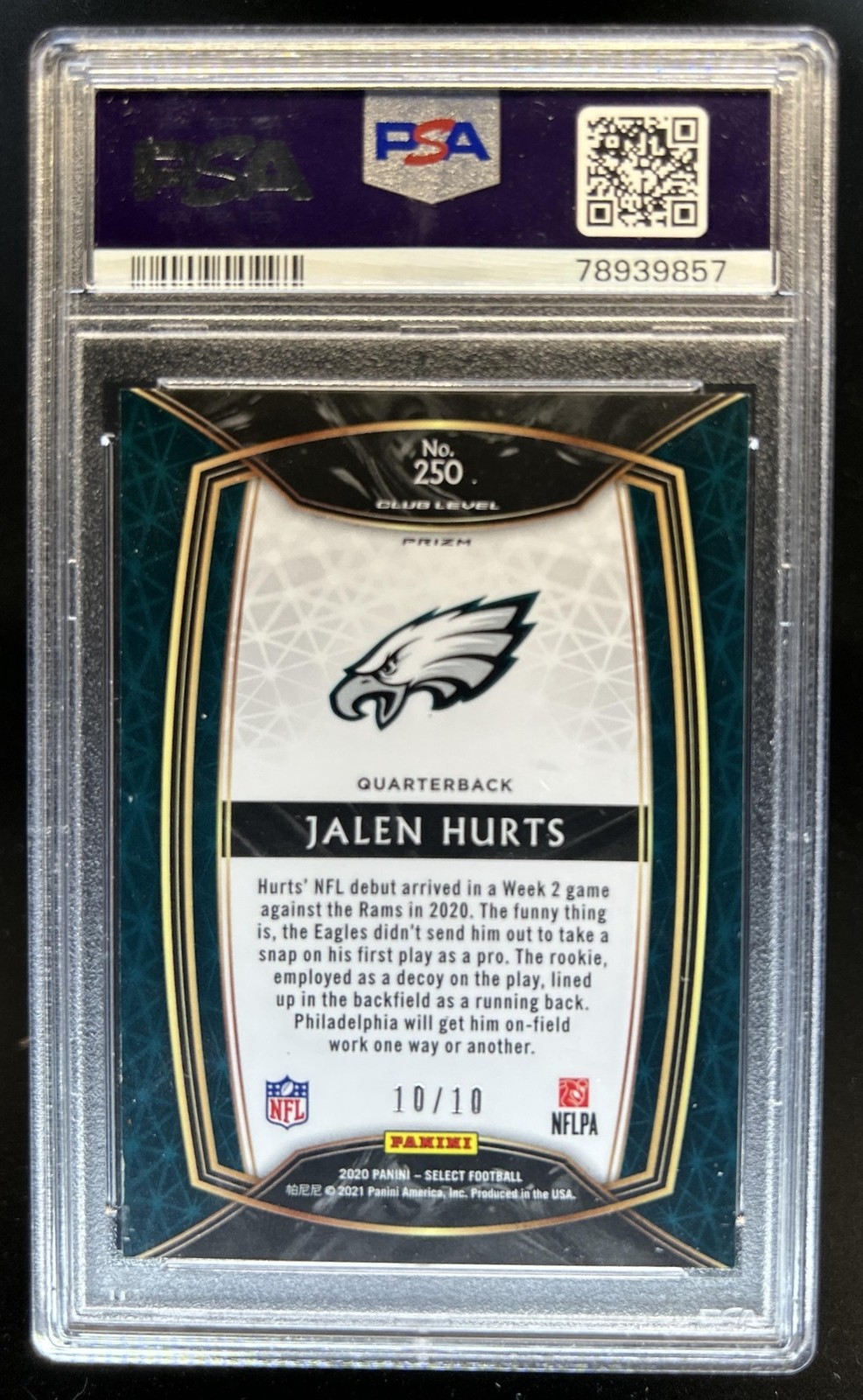 2020 Panini Select Jalen Hurts RC Gold Prizm Rookie Club #/10 Eagles PSA 8 view 2