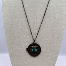 Vintage 90s Owl Locket Necklace Bronze Tone Blue Glass Eyes Boho Fashion Jewelry