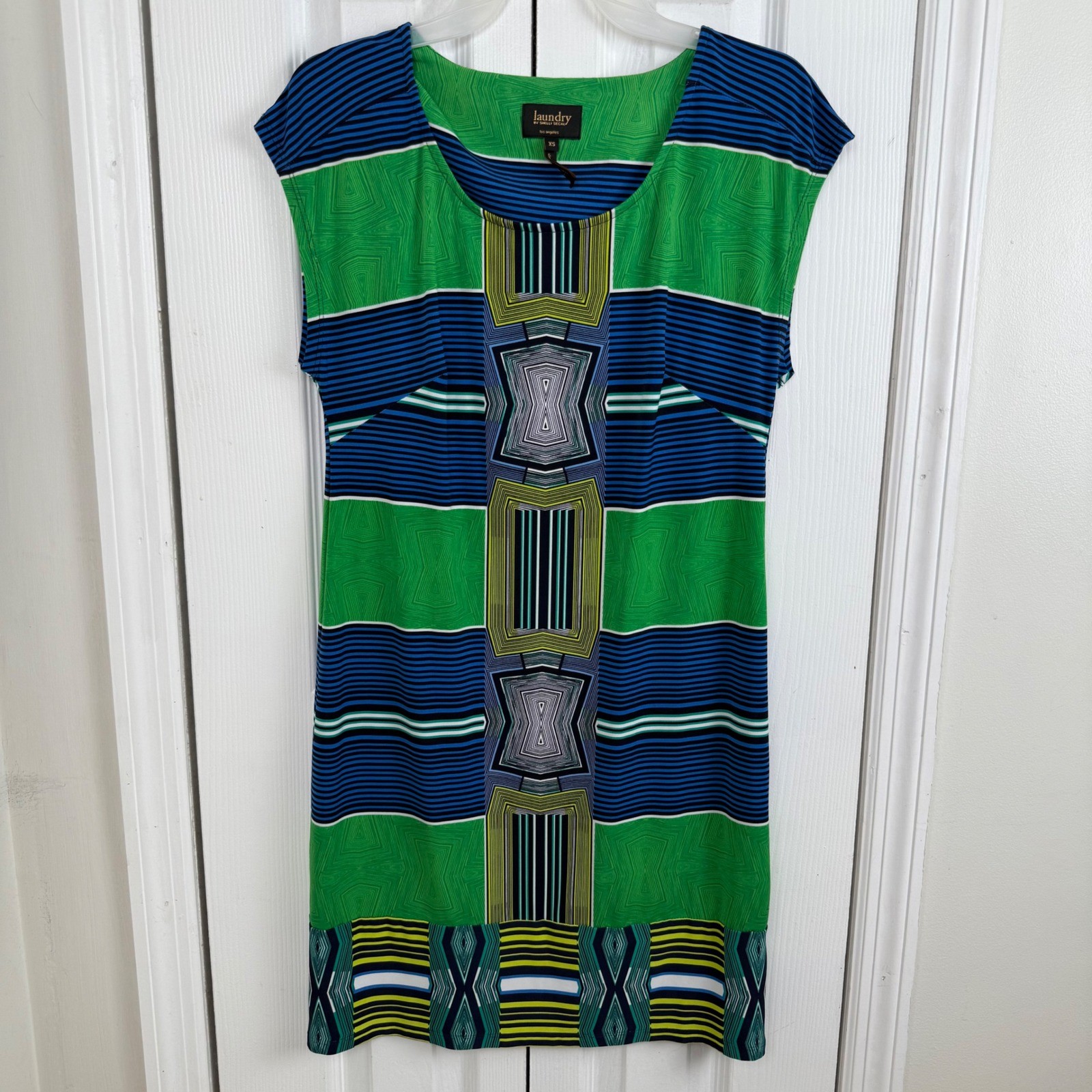 Laundry by Shelli Segal Green Blue Geometric Stripe Cap Sleeve Shift Dress XS