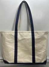 Vtg 90 s LL Bean Boat Tote Canvas Tote Large Base Navy Blue Cream USA 23x13x7