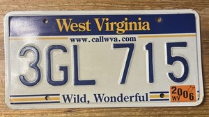 West Virginia License Plate Wild Wonderful WV 2006 Sticker 3GL 715 WVa