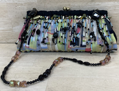 Mary Francis Silk Purse Multicolored Bead Strands Strap Kiss Lock UNUSED