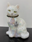 Vintage Fenton Iridescent Opalescent Cat Figurine Jeweled Collar Signed READ