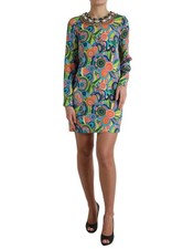 Dolce & Gabbana Multicolor Geometric Print Silk Crystals Midi Women's Dress
