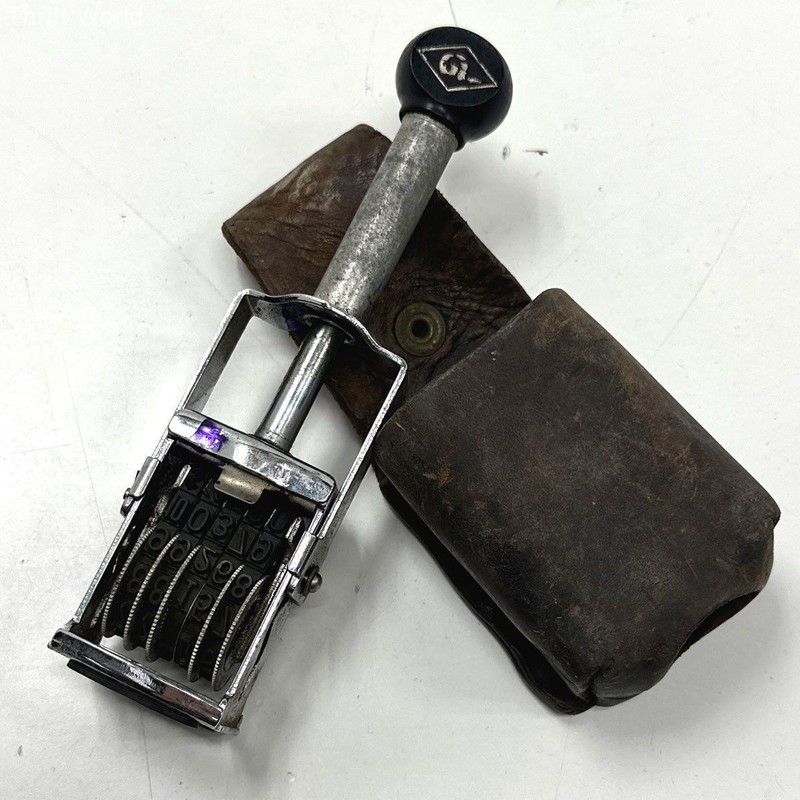 Vintage Gi Metal Rotary Numbering Machine Date Stamp with Leather Holster