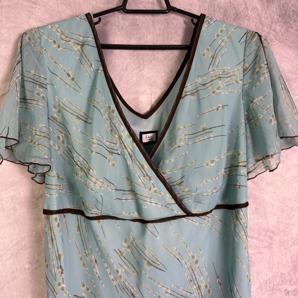 Vtg Y2K Floral Flutter Sleeve Dress Sz XL / 1X Teal Brown Floral Sheer Fairycore - Image 4 of 4