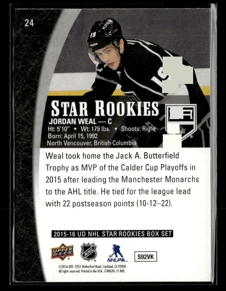 2015-16 Upper Deck Star Rookies #24 Jordan Weal Card Los Angeles Kings - Image 2 of 2