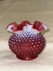 Fenton Cranberry Opalescent Hobnail Ruffled Glass Vase 5”