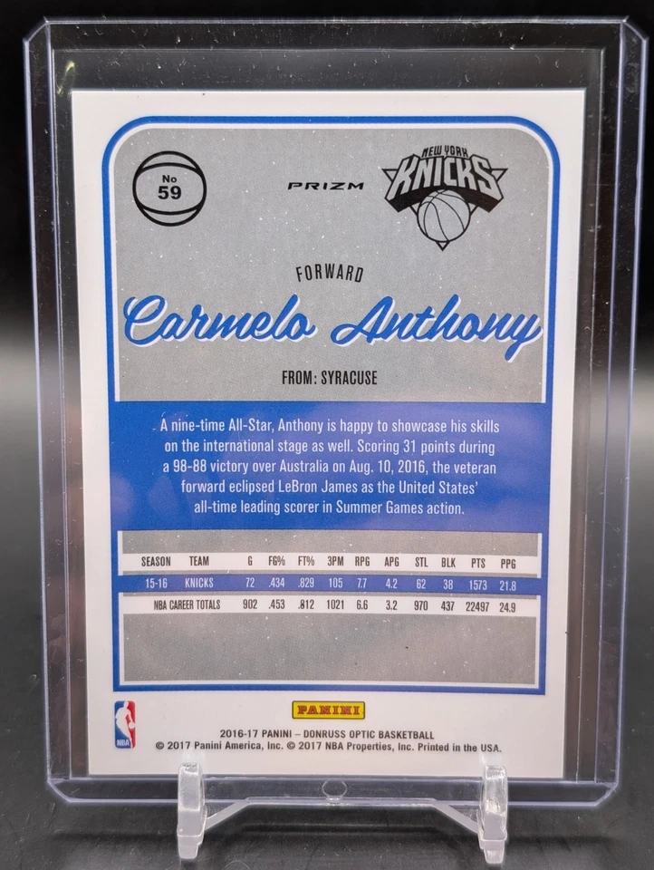 2016 Panini Donruss Optic White Sparkle SSP Carmelo Anthony NY Knicks - Image 2 of 2