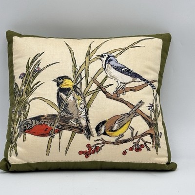 Vtg Quilted Bird Throw Pillow 3D Robin Blue Jay Chickadee Cottagecore Grannycore