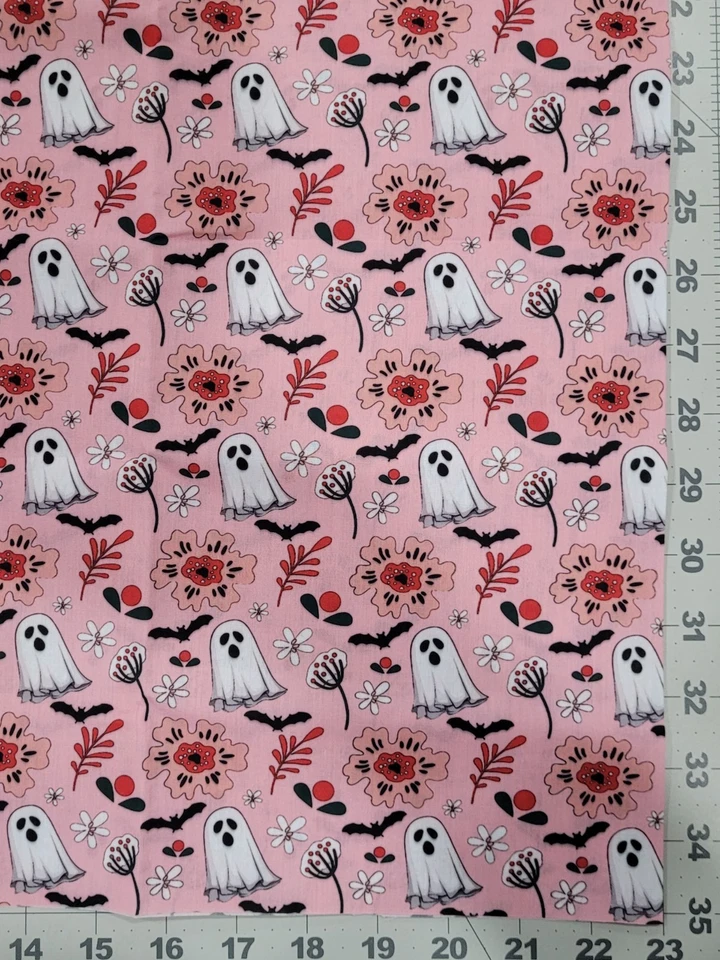 Halloween Fantasmas Blancos, Murciélagos Floral Sobre Rosa Mezcla Algodón Tela 20"x56" Foto 2 de 3