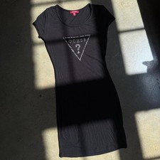 Guess Rhinestone Logo Black Ribbed Stretch Dress Size M