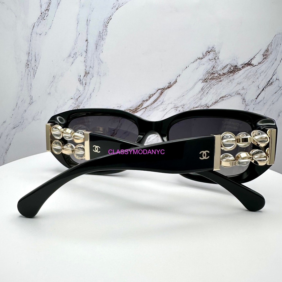 New CHANEL Sunglasses Black Polarized CC Rotating Pearls Seen On