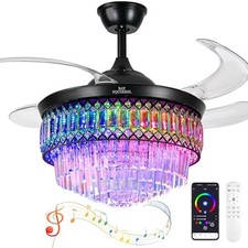 BAYSQUIRREL Retractable Crystal Ceiling Fan with Lights, Bluetooth Ceiling Fa...