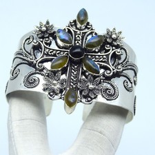 Natural Labradorite Gemstone 925 Sterling Silver Cuff Bracelet Bangle Jewelry 8"