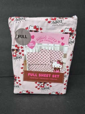Hello Kitty Sanrio Full Size Sheet Set With Hearts, 100% Cotton 