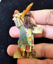 Vtg Pin Brooch Woman lady w/ Rooster basket Fabric Cardboard composite- S18