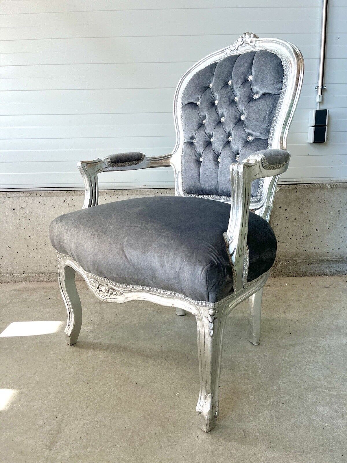 Armchair Baroque Style in Grey French Louis XV Chair Silver Handmade for Home