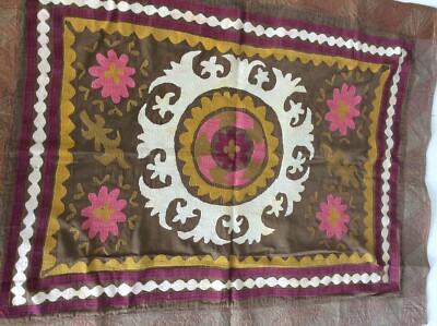 Beautiful Floral Uzbek Suzani Pink, Gold, Cream, Olive 45 1/2  by 35 