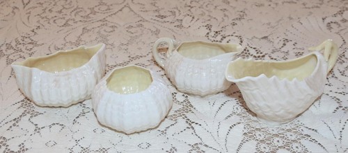Belleek TRIDACNA 4 Pcs Gravy Boat Creamer Oval & Round Open Sugar 5th & 6th Mark