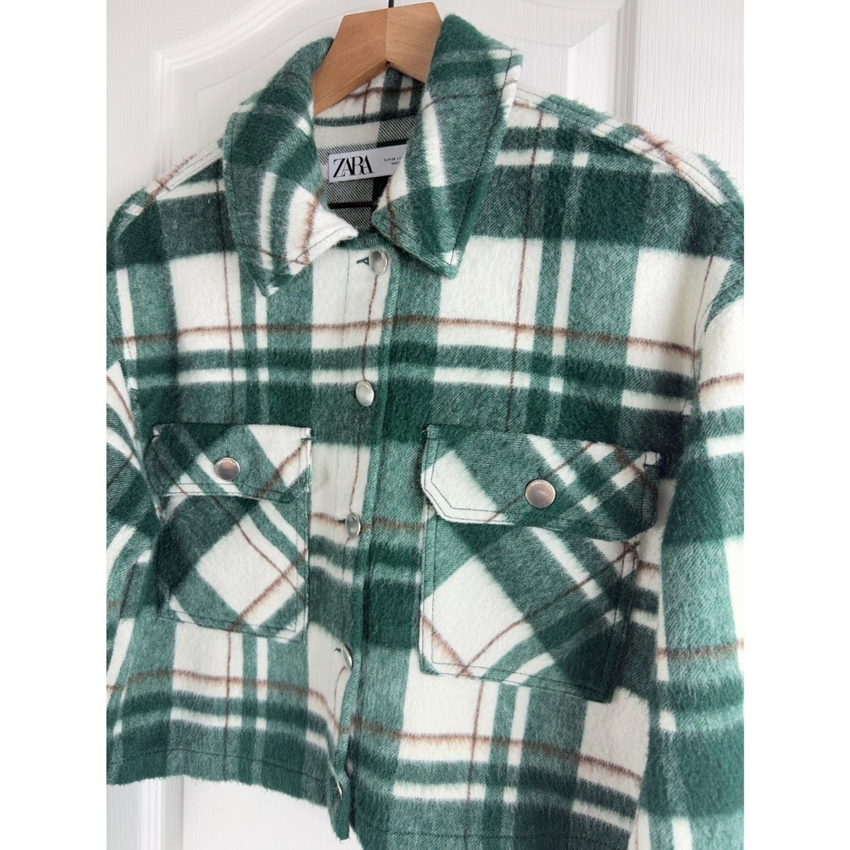 ZARA Women's Cropped Plaid Shacket Shirt Jacket Green White Brown Size XS