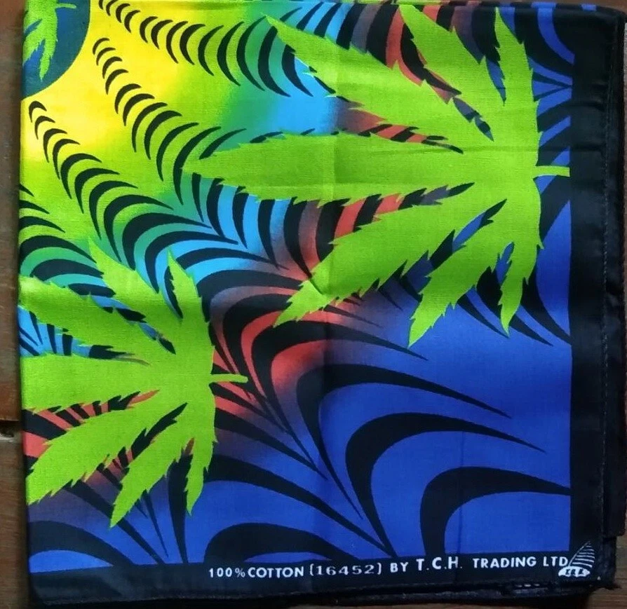 PAÑUELO USADO VINTAGE PATRÓN DE HOJAS DE CANNABIS ALGODÓN 20" PAÑUELO PAÑUELO PAÑUELO PAÑUELO CUADRADO Foto 2 de 3