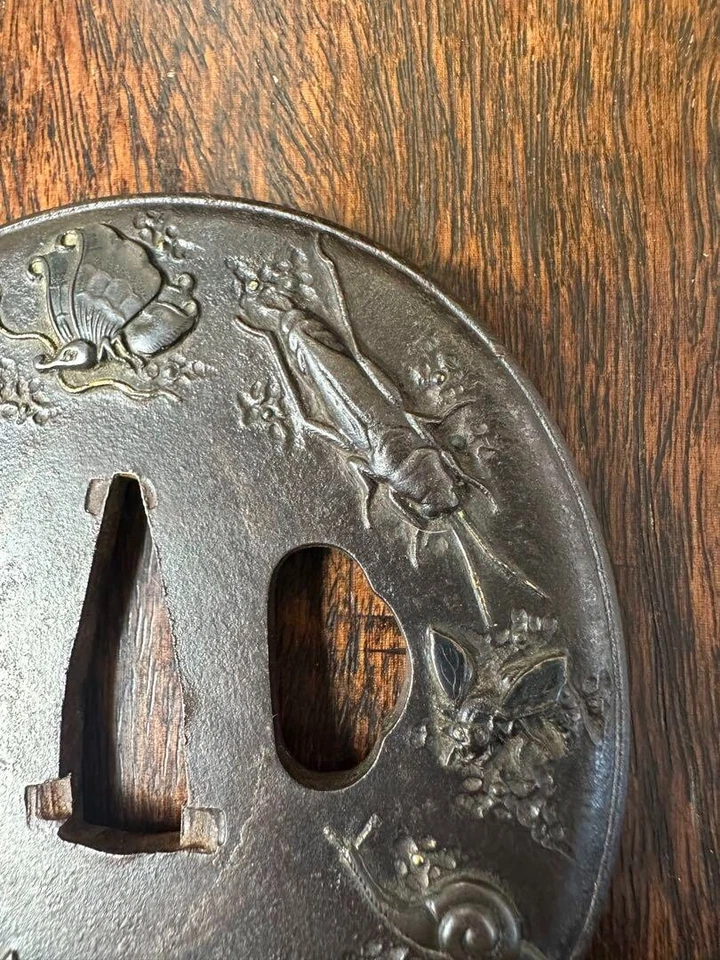 Antique Edo Era Dragonfly Gold Inlay Tsuba Japanese Samurai Sword Katana Guard - Image 3 of 4