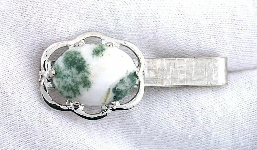 1 2/3 PULGADAS 18x13 ÁRBOL OVALADO ÁGATA CABINA PIEDRAS PRECIOSAS COLOR PLATA DESLIZABLE EN BARRA DE CORBATA Foto 2 de 2