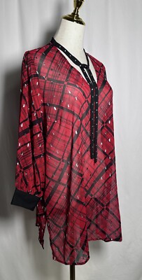 Slim Factor Investments Tunic Top Shirt Blouse 3X Chiffon 3/4 Sleeve Red $79