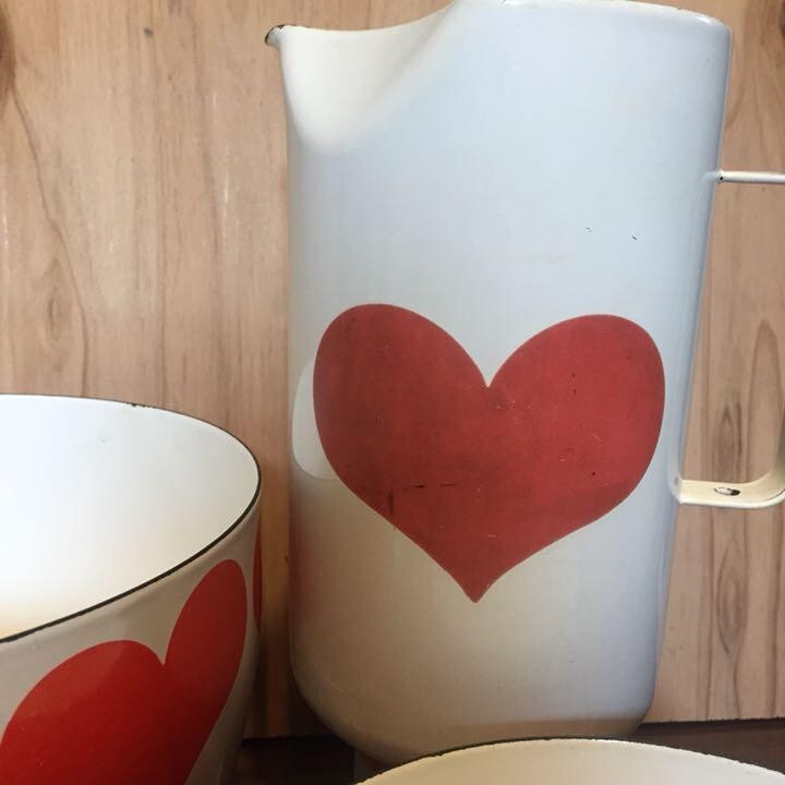 FINEL 60s Vintage Arabia Kaj Franck Heart Enamel Set Bowl Pitcher