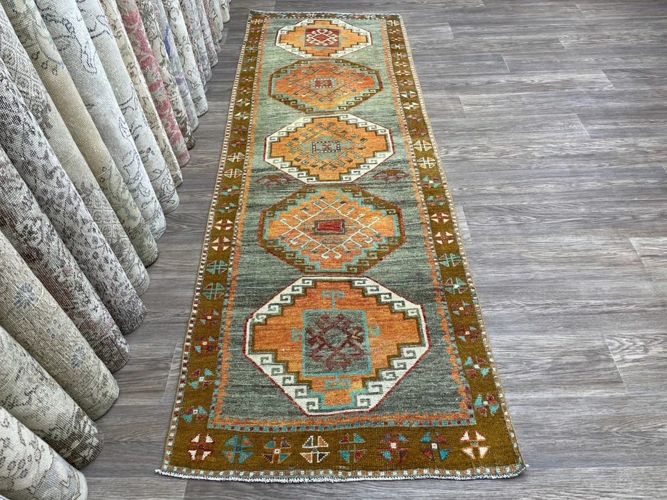 3x9 Orange Green Turkish Runner, Unique Vintage Oushak Hand-Knotted Wool Runner - Image 2 of 4