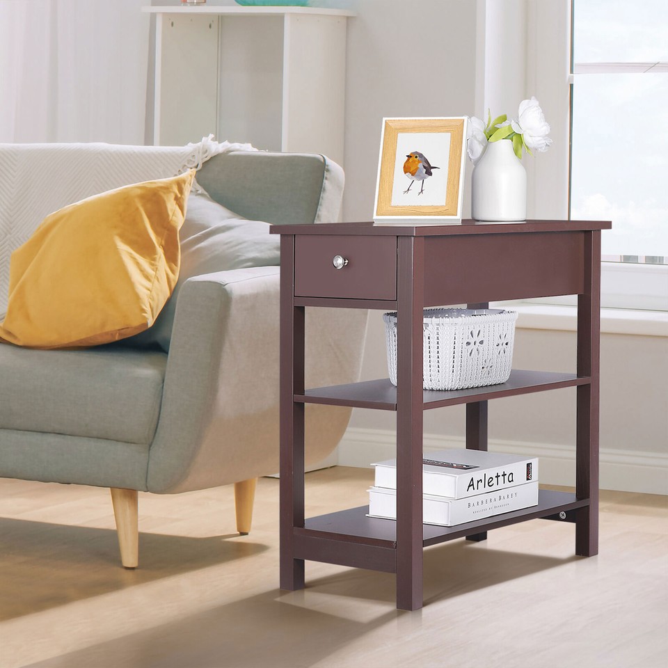 Side Table Living Room 3-Tier Sofa End Table for Small Space Brown End ...