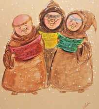 XMAS CAROLING MONKS Rosalind Welcher signed original art c1960s-70s Panda Prints