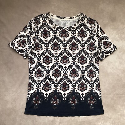 Tory Burch 100% Pima Cotton Short Sleeve Printed Tee Navy Blue Burgundy Floral