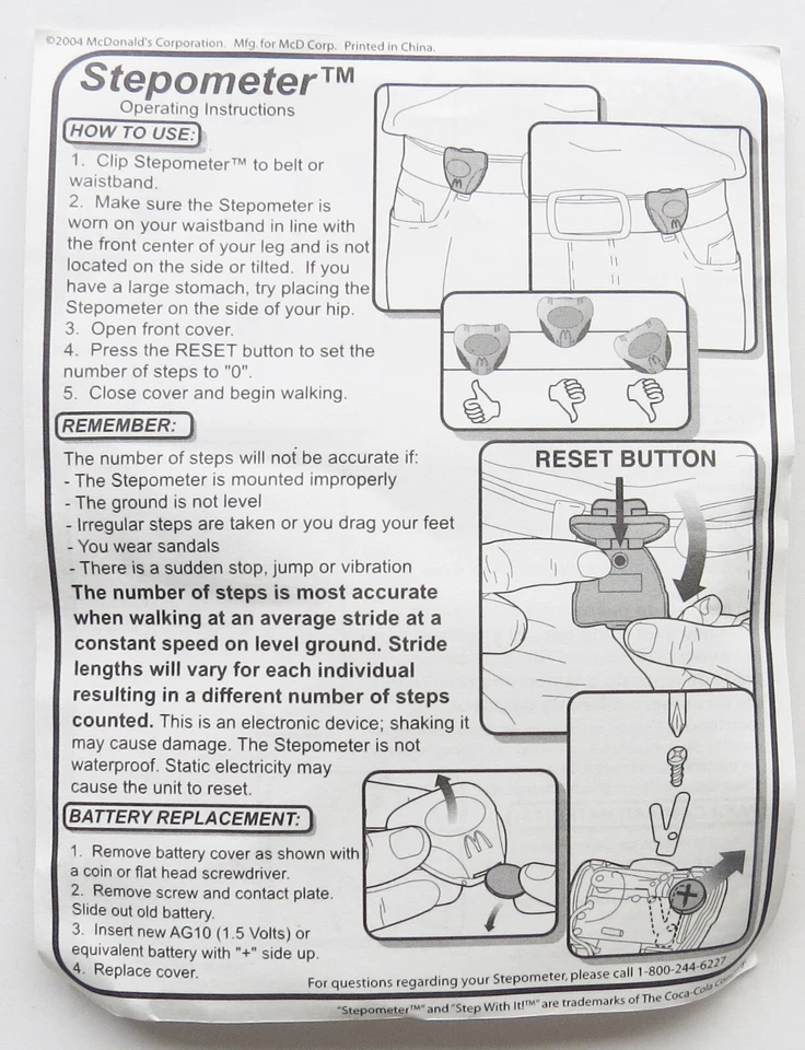 McDonald's 2004 Adult Meal GO ACTIVE STEPOMETER CONTADOR DE PASOS Elige COLOR Foto 2 de 3