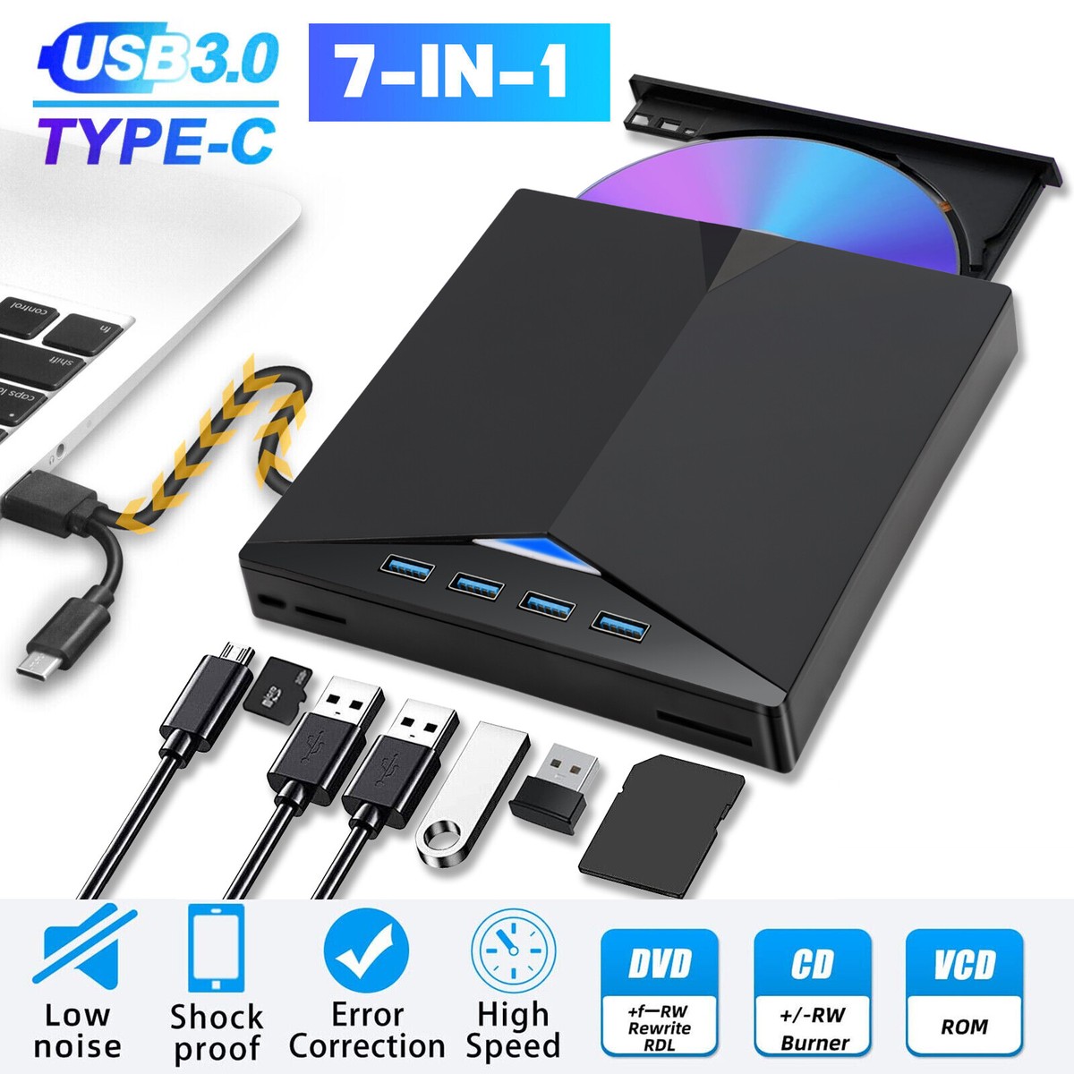USB 3.0 External CD DVD Writer Drive Burner Reader Player for