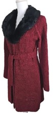 Vtg Harold’s~woman Size M~ Burgundy Red Wool Blend Button Up Fur Collar Cardigan