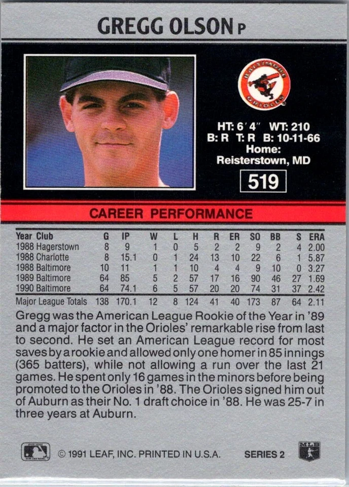 1991 Leaf Gregg Olson #519 Baltimore Orioles - Image 2 of 2