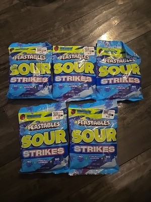 Set of 5 Mr Beast Feastables Sour Strikes Gummy Candy 7.5 oz Bags Aug 2026 Raspb